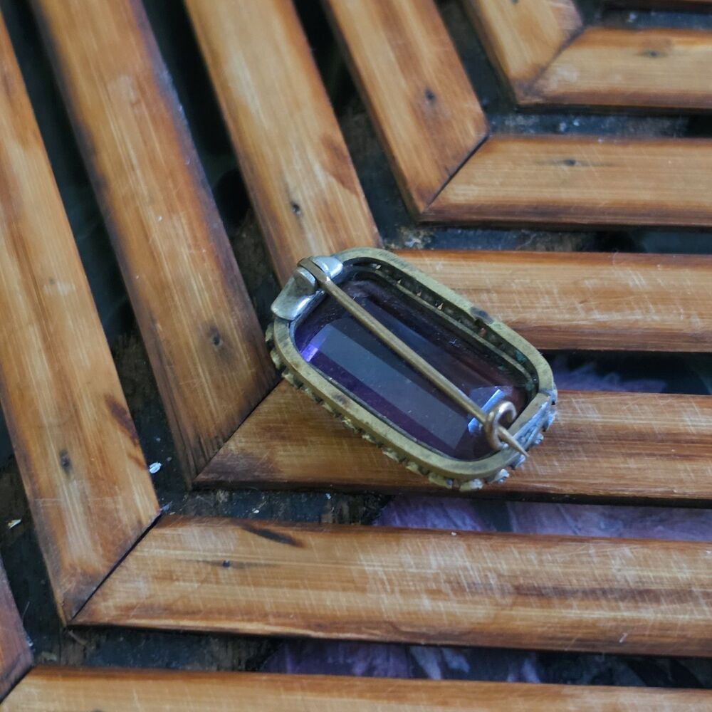 Vtg 1950s Large Amethyst Art Glass & Rhinestone Statement Brooch Pin Emerald Cut - Picture 6 of 8